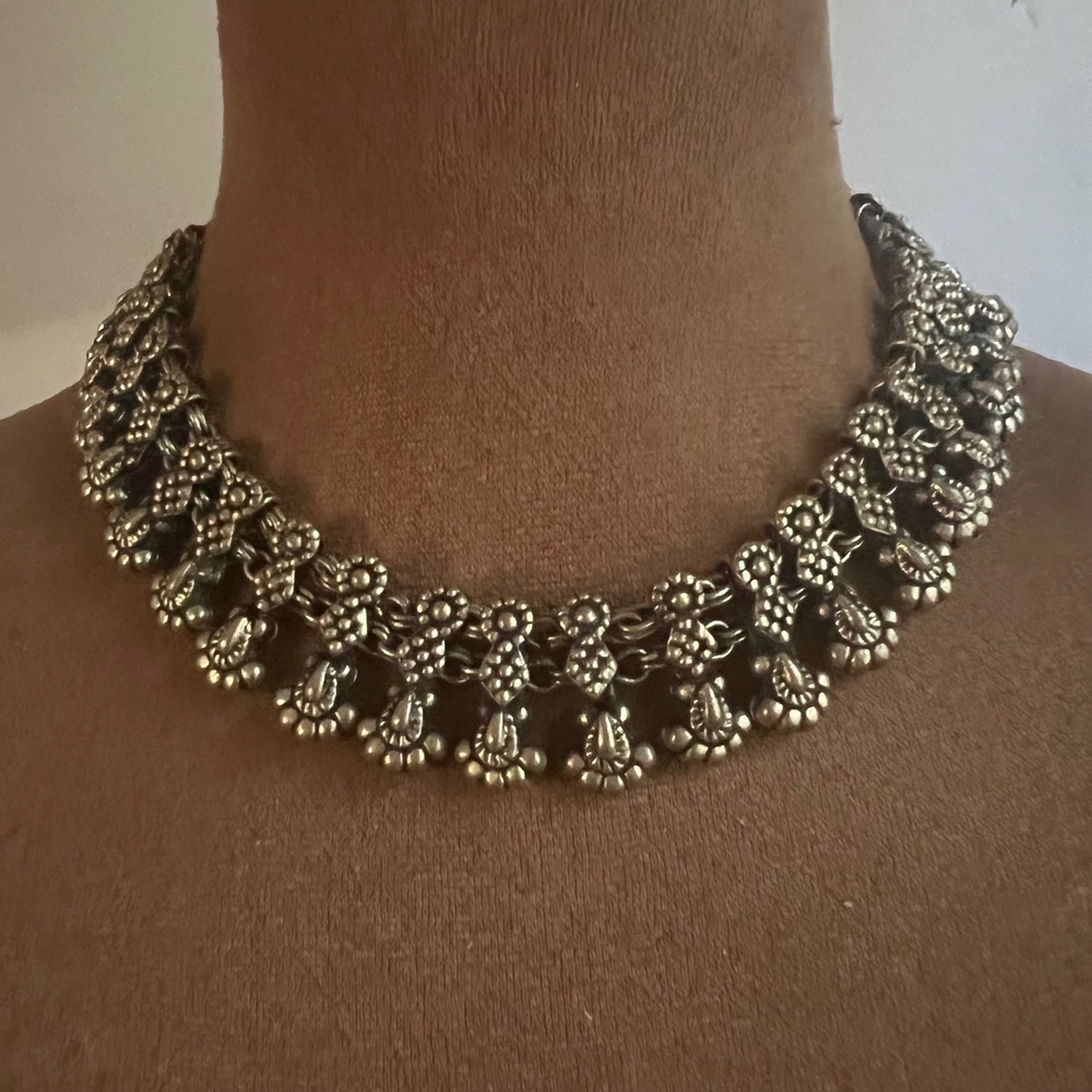 Vintage Tribal Oxidized Silver Tone Ornate Floral Statement Choker 15.5"